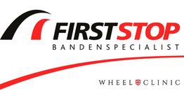 Logo van First Stop bandenservice met tekst "Bandenspecialist" en "Wheel Clinic".