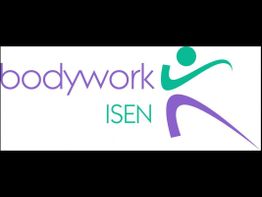 Logo mit Text "bodywork ISEN" und stilisierter grüner Figur in Bewegung.