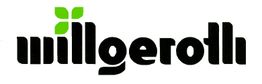 Schwarzes Logo mit grünem Blattsymbol über dem Buchstaben "m", Text: "millgeroll".