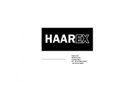 Schwarzes Logo "HAAREX" auf weißem Hintergrund, darunter Unternehmensadresse und Telefonnummer.