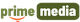 Logo met de tekst "prime media" in groene en witte letters met oranje boog eronder.