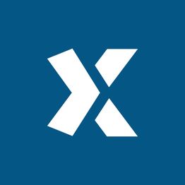 Logo bianco a forma di "X" su sfondo blu.