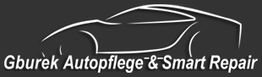 Schematische Autozeichnung mit Text: "Gburek Autopflege & Smart Repair" auf dunklem Hintergrund.