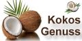 Kokosnüsse mit Palmblättern und der Text "Kokos Genuss".