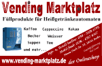 Werbung für Vending-Markt mit Kaffeeautomaten, Heißgetränken und Kontaktinformationen.