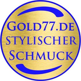 Logo mit der Aufschrift "Gold77.de Stylischer Schmuck" in Blau auf goldenem Hintergrund.