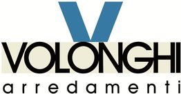 Logo di Volonghi Arredamenti con una grande "V" blu sopra il nome in nero.