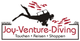 Taucher mit Fischen, Logo von Joy-Venture-Diving mit Text: "Tauchen, Reisen, Shoppen".