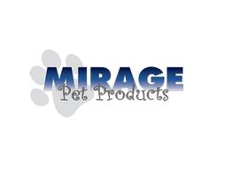 Logo with "MIRAGE Pet Products" and a subtle paw print in the background.