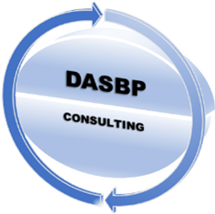 Blaues Oval mit Pfeilen, Text: DASBP CONSULTING.