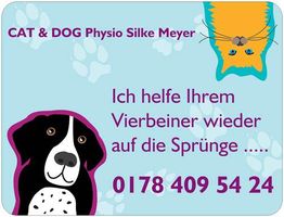 Tierphysiotherapie-Anzeige mit Hund, Katze und Telefonnummer für Kontaktaufnahme.