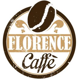 Logo circolare "Florence Caffè" con chicco di caffè stilizzato, sfondo marrone e beige.