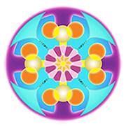 Mandala colorida com padrão simétrico em azul, laranja e roxo, com formas circulares e geométricas.