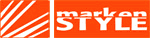 Logo mit orangenem Hintergrund und weißem Text: „markenSTYLE“. Links geometrische Muster.