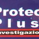 Logo "Protection Plus Investigazioni" con cappello e fulmine rosso su sfondo blu.