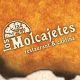 Logo of Los Molcajetes restaurant and cantina on a textured, burnt orange background.