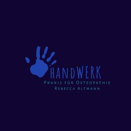 Blaues Logo mit Handabdruck und Text: "Handwerk - Praxis für Osteopathie Rebecca Altmann".
