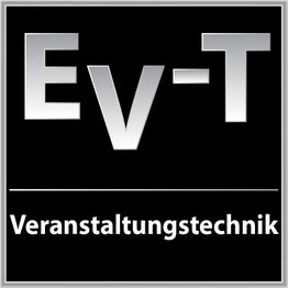 Schwarzes Logo mit "Ev-T Veranstaltungstechnik" in silberner und weißer Schrift.