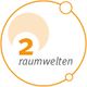 Logo mit der Aufschrift "2 raumwelten", Kreiselemente in Orange und Grau im Hintergrund.
