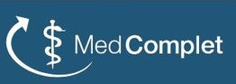 Logo mit Pfeil und Äskulapstab. Text: MedComplet auf blauem Hintergrund.