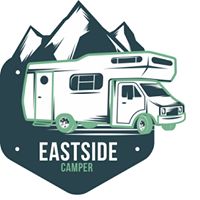 Wohnmobil mit Bergen im Hintergrund, Text: Eastside Camper.