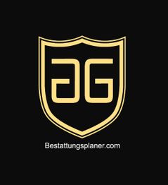 Abzeichen mit Buchstaben "AG" in Gold auf Schwarz, darunter die Website bestattungsplaner.com.