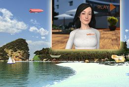 Insel mit Booten und Luftschiff, virtuelle Frau im Vordergrund, die ein „Play“-Symbol zeigt.