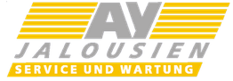 Logo mit Schrift "AV Jalousien" und "Service und Wartung" auf gelbem Hintergrund.