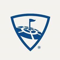 Blue logo with a golf flag and circular design inside a tilted triangle shield.