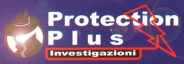 Logo "Protection Plus Investigazioni" con cappello e fulmine rosso su sfondo blu.