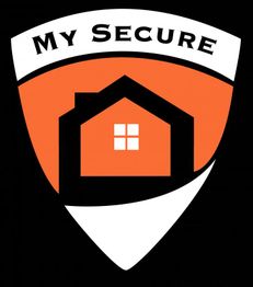 Wappen mit Haus-Logo, Text "My Secure", orange-schwarz-weiß.