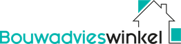 Logo met tekst "Bouwadvieswinkel" en een schematisch huispictogram in blauw-zwart.