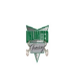 Logo with the text "Unlimited Fencing" in green and gray with a chain-link fence design.