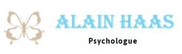 Papillon beige à gauche, texte bleu "ALAIN HAAS", "Psychologue" noir en dessous.
