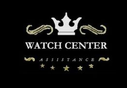 Logo "Watch Center Assistance" con corona bianca, dettagli dorati e cinque stelle sotto.
