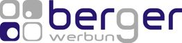 Logo mit dem Text "berger werbun" und grauen sowie blauen quadratischen Symbolen.