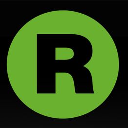Grüner Kreis mit einem schwarzen Buchstaben "R" in der Mitte auf schwarzem Hintergrund.