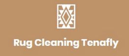 Logo with geometric design and text: "Rug Cleaning Tenafly" on a brown background.