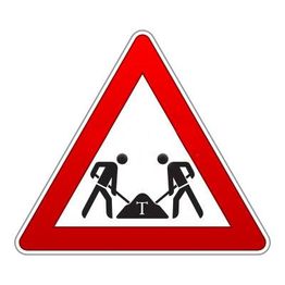 Baustellenschild mit zwei Figuren, die mit Schaufeln arbeiten.