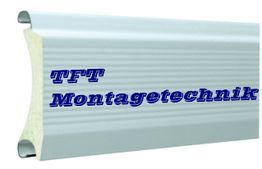 Profilstück mit blauen Schriftzug "TFT Montagetechnik" auf weißem Hintergrund.