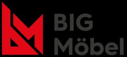 Logo mit rotem Symbol links und schwarzem Text "BIG Möbel" auf schwarzem Hintergrund.