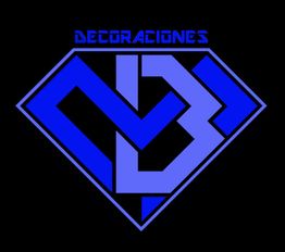 Logotipo azul de "Decoraciones" con diseño geométrico sobre fondo negro.
