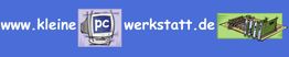Logo mit Text "www.kleine PC werkstatt.de", Monitorgrafik und Gebäudezeichnung.