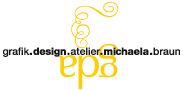 Logo mit Text "grafik.design.atelier.michaela.braun" und dekorativen gelben Elementen.