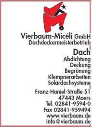 Visitenkarte von Vierbaum-Micéli GmbH, Dachdeckerbetrieb in Moers, mit Kontaktdaten und Logo.
