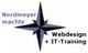 Logo mit Kompassrose: "Nordmeyer machts - Webdesign + IT-Training" in blau-schwarz.