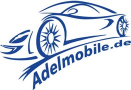 Blaues Logo von Adelmobile.de mit stilisiertem Auto in elegantem Design.