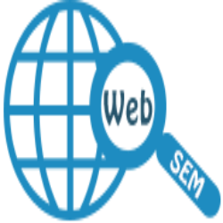 Blue globe with a magnifying glass labeled "Web" and "SEM".