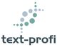 Logo mit Schriftzug "text-profi" und Muster aus Punkten in verschiedenen Blau- und Grüntönen.