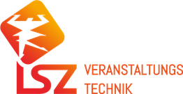 Logo von LSZ Veranstaltungstechnik, orange und rot mit stylisiertem Blitzsymbol.